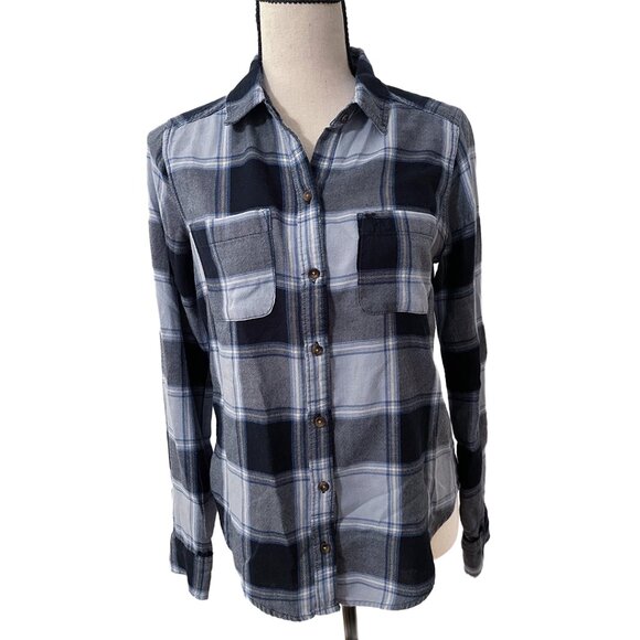 Abercrombie & Fitch Button Down Shirt | Navy Blue Plaid Flannel - Size S - Picture 12 of 12